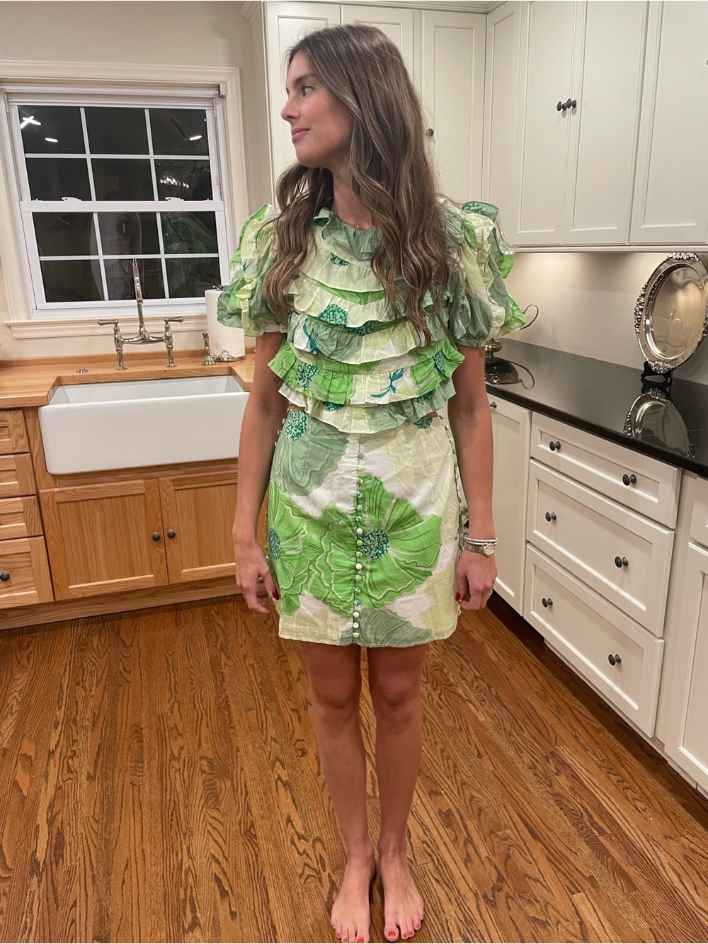 SABO Floral Print Dress - White & Seafoam Green